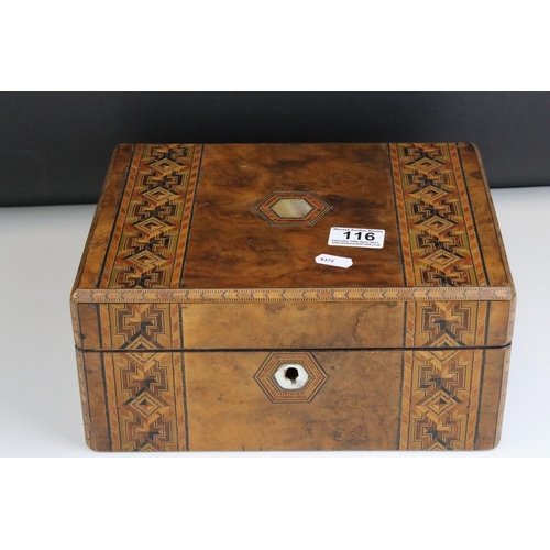 116 - Victorian Walnut and Tunbridge ware style Inlaid Jewellery / Sewing Box with lift out tray, 29cms wi... 
