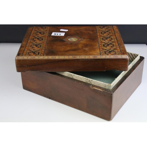 116 - Victorian Walnut and Tunbridge ware style Inlaid Jewellery / Sewing Box with lift out tray, 29cms wi... 