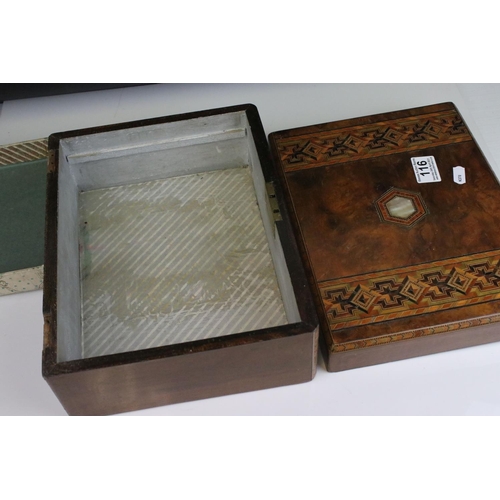 116 - Victorian Walnut and Tunbridge ware style Inlaid Jewellery / Sewing Box with lift out tray, 29cms wi... 
