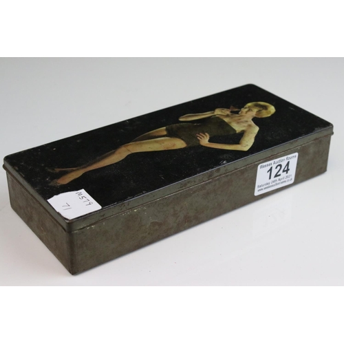 124 - Mid 20th century ' Thorne's Premier Toffee ' Advertising Tin with Glamour Girl to lid, 22cms long