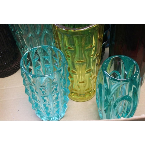 132 - Collection of Mid 20th century Coloured Glass comprising Thirteen Vases including Wedgwood and a Fac... 