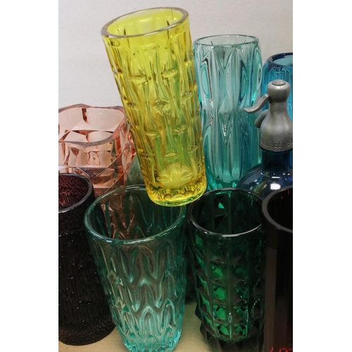 132 - Collection of Mid 20th century Coloured Glass comprising Thirteen Vases including Wedgwood and a Fac... 