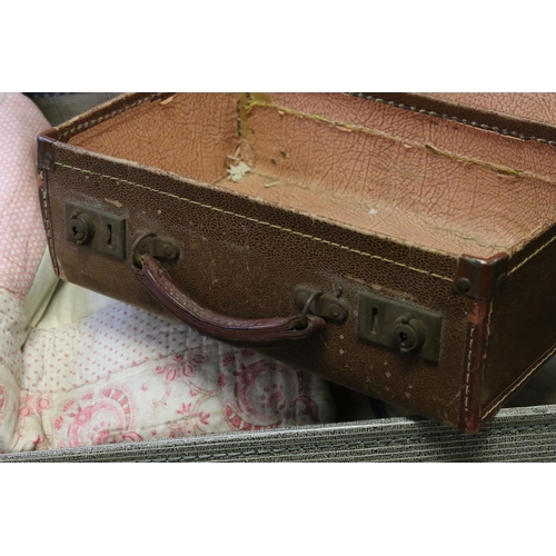 133 - Mid 20th century Suitcase holding a Vintage Paisley Bedspread and other Linen plus a small suitcase