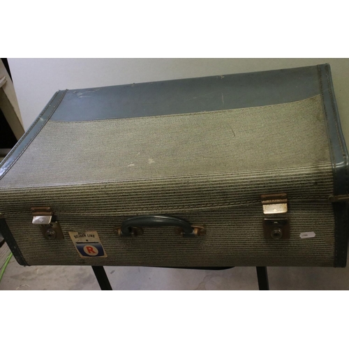 133 - Mid 20th century Suitcase holding a Vintage Paisley Bedspread and other Linen plus a small suitcase