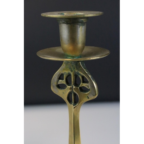 139 - Pair of Art Nouveau Style Brass Candlesticks, 24cms high