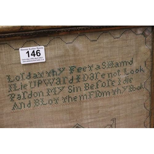 146 - George III Sampler by Anne Cox, age 11, 1797 featuring a prayer and a palace, 29cms x 29cms, framed ... 