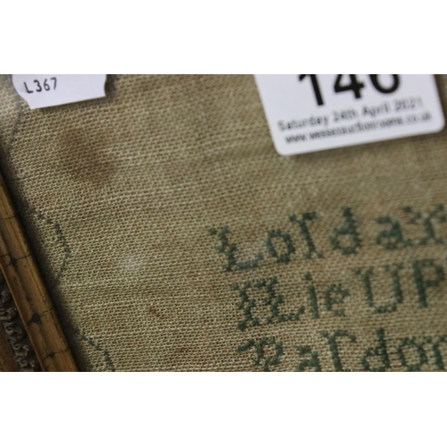 146 - George III Sampler by Anne Cox, age 11, 1797 featuring a prayer and a palace, 29cms x 29cms, framed ... 