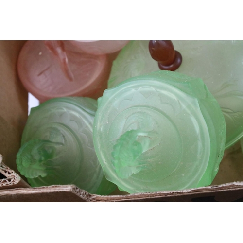 459 - A collection of mixed glass to include coloured glass dressing table items and a selection of lamps ... 