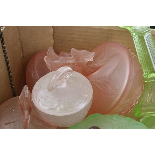 459 - A collection of mixed glass to include coloured glass dressing table items and a selection of lamps ... 