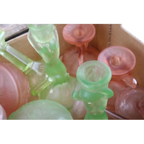 459 - A collection of mixed glass to include coloured glass dressing table items and a selection of lamps ... 