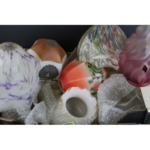 459 - A collection of mixed glass to include coloured glass dressing table items and a selection of lamps ... 