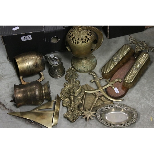 463 - A collection of vintage metal ware together with a collection of salt glaze hot water bottles.