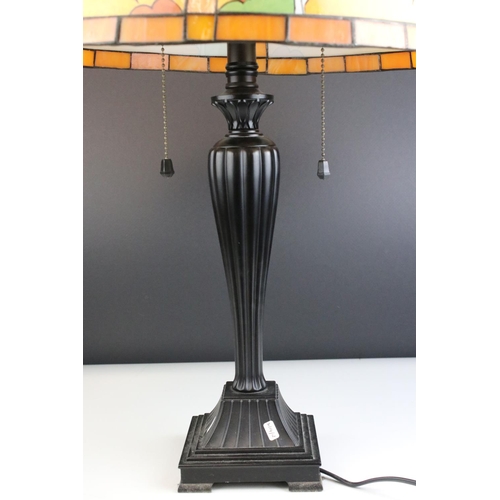 66 - Clarice Cliff printed glass lampshade, in Tiffany style, on twin bulb Corinthian style metal table l... 