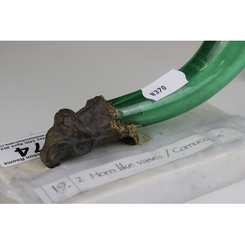 74 - Pair of Green Glass Cornucopia Vases held in Gilt Metal Rams stood on White Marble Plinths, 15cms hi... 