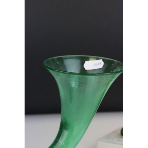 74 - Pair of Green Glass Cornucopia Vases held in Gilt Metal Rams stood on White Marble Plinths, 15cms hi... 