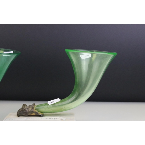 74 - Pair of Green Glass Cornucopia Vases held in Gilt Metal Rams stood on White Marble Plinths, 15cms hi... 