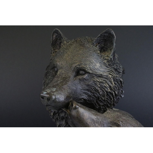 78 - Contemporary Bronze Sculpture of Two Wolves Heads raised on a circular marble plinth, signed Bower ?... 