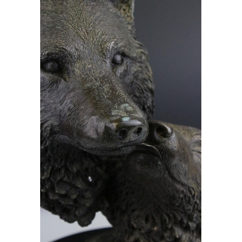 78 - Contemporary Bronze Sculpture of Two Wolves Heads raised on a circular marble plinth, signed Bower ?... 