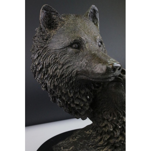 78 - Contemporary Bronze Sculpture of Two Wolves Heads raised on a circular marble plinth, signed Bower ?... 