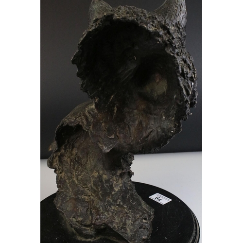 78 - Contemporary Bronze Sculpture of Two Wolves Heads raised on a circular marble plinth, signed Bower ?... 