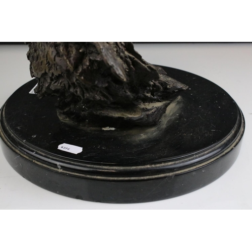 78 - Contemporary Bronze Sculpture of Two Wolves Heads raised on a circular marble plinth, signed Bower ?... 
