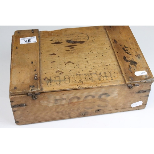 88 - Early to Mid 20th century Pine Egg Transportation Box stamped Eggs and Hammock, etc, 28cms long