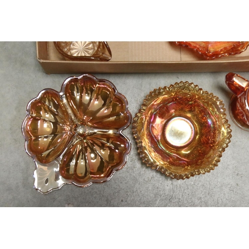 91 - Collection of Orange Carnival Glass including Plates, Bowls, Jugs, Vases, Decanter, approx. 19 piece... 
