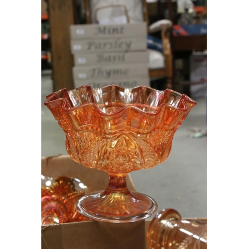 91 - Collection of Orange Carnival Glass including Plates, Bowls, Jugs, Vases, Decanter, approx. 19 piece... 