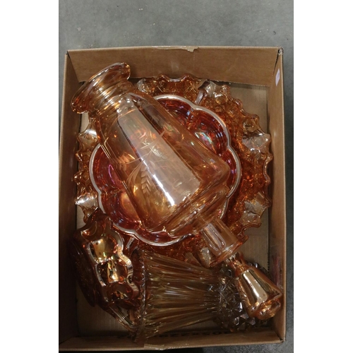 91 - Collection of Orange Carnival Glass including Plates, Bowls, Jugs, Vases, Decanter, approx. 19 piece... 