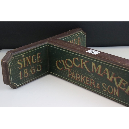 97 - Reproduction Victorian Wooden Shop Sign for ' Clock Maker Parker & Son ', 43cms long