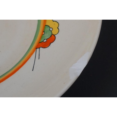 388 - A vintage ceramic wash basin and jug together with two Clarice Cliff Bizarre pattern platters.