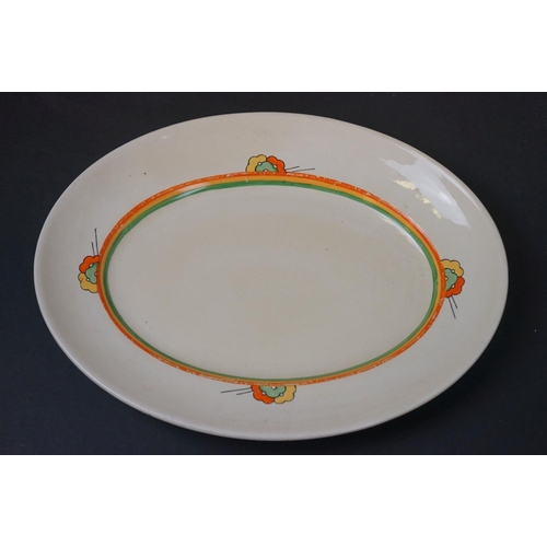 388 - A vintage ceramic wash basin and jug together with two Clarice Cliff Bizarre pattern platters.