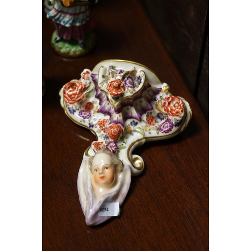 390 - Antique Porcelain Wall Bracket, blue cross sword marks and a 19th century figure of a Dandy together... 