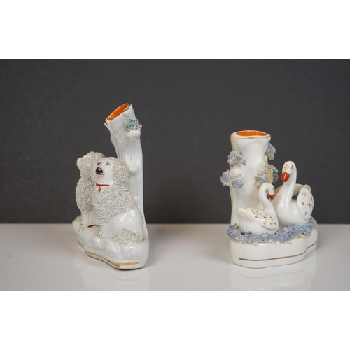 405 - Two 19th century Staffordshire Pastille Burners, two pairs of similar spill holders of sheep and swa... 