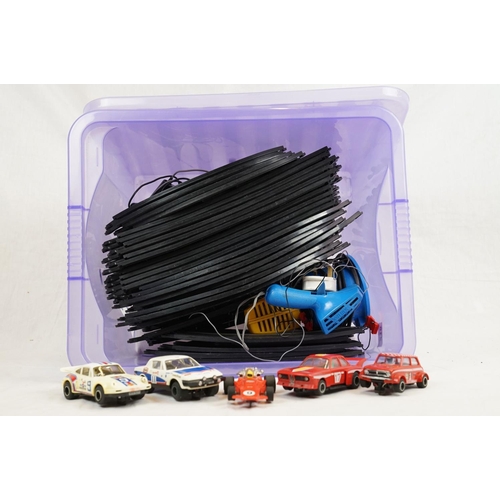 218 - Quantity of Scalextric track, plus five playworn slot cars and two controllers