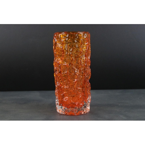 1 - Whitefriars Tangerine Orange Glass Textured Bark Cylindrical Vase, 19cms high