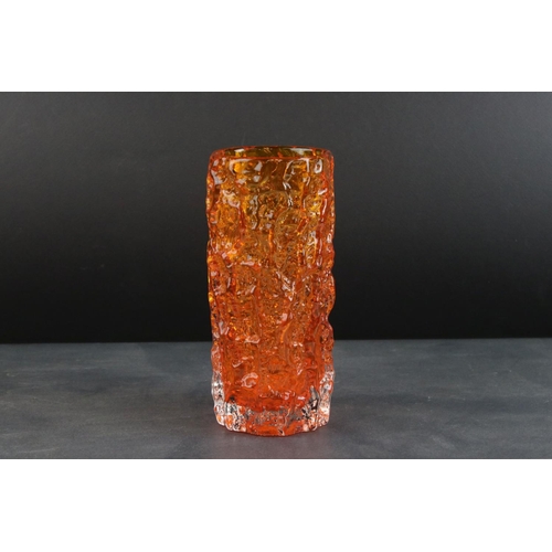 1 - Whitefriars Tangerine Orange Glass Textured Bark Cylindrical Vase, 19cms high