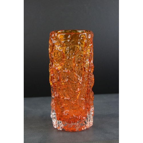 1 - Whitefriars Tangerine Orange Glass Textured Bark Cylindrical Vase, 19cms high