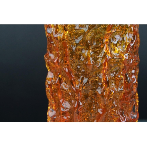 1 - Whitefriars Tangerine Orange Glass Textured Bark Cylindrical Vase, 19cms high