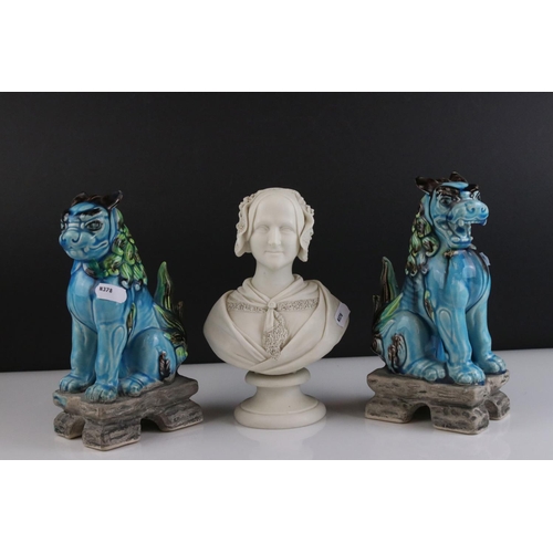 25 - Parian ware style Bust of a Victorian Lady, 19.5cms high together with a Pair of Chinese Blue Glazed... 