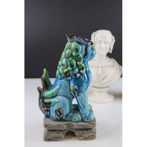 25 - Parian ware style Bust of a Victorian Lady, 19.5cms high together with a Pair of Chinese Blue Glazed... 