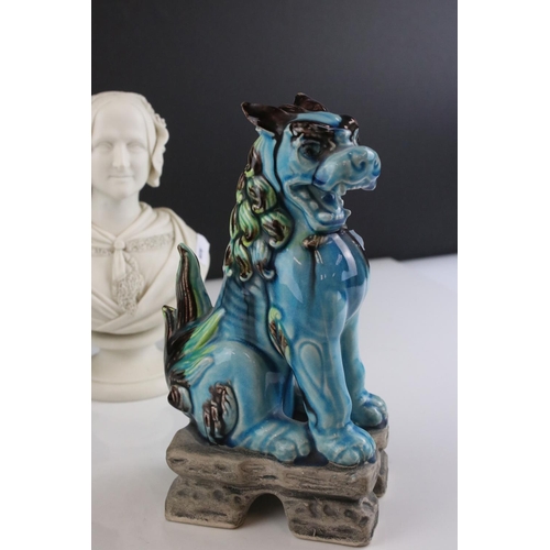 25 - Parian ware style Bust of a Victorian Lady, 19.5cms high together with a Pair of Chinese Blue Glazed... 