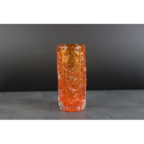 3 - Whitefriars Tangerine Orange Glass Textured Bark Cylindrical Vase, 19cms high