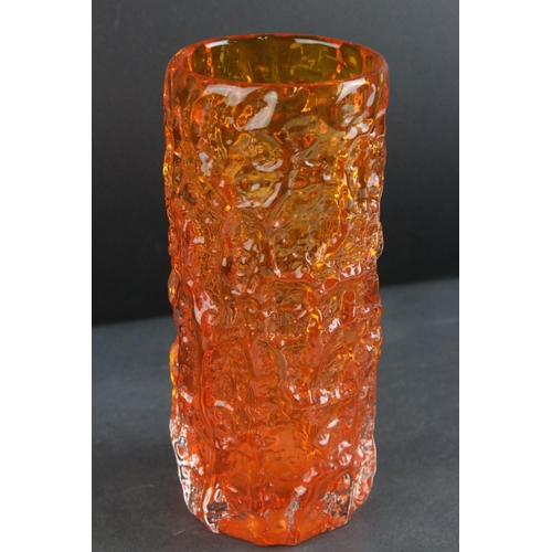 3 - Whitefriars Tangerine Orange Glass Textured Bark Cylindrical Vase, 19cms high