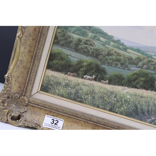 32 - Oil Painting on Canvas of Cattle in a Countryside Landscape, signed lower right David Morgan ?, 40cm... 