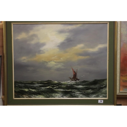 34 - Large Oil Painting on Canvas of a Sailing Boat at Sea, signed lower left ' David A James 73 ', 74cns... 