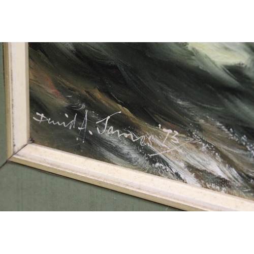 34 - Large Oil Painting on Canvas of a Sailing Boat at Sea, signed lower left ' David A James 73 ', 74cns... 