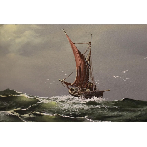 34 - Large Oil Painting on Canvas of a Sailing Boat at Sea, signed lower left ' David A James 73 ', 74cns... 