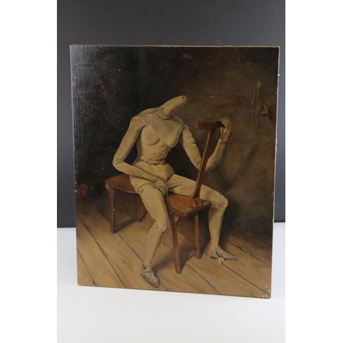 36 - Surrealist style Oil Painting on Panel of a headless artist's muse sat on a donkey easel, 43cms x 35... 