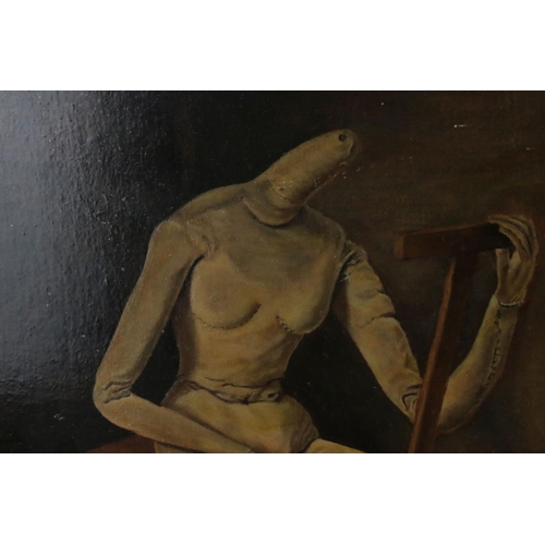 36 - Surrealist style Oil Painting on Panel of a headless artist's muse sat on a donkey easel, 43cms x 35... 